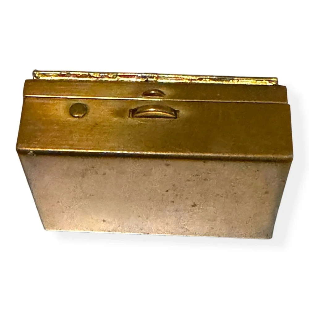 Vintage Gold-Tone Metal Pillbox With‎ Floral Embossed Lid & Blue Velvet Interior